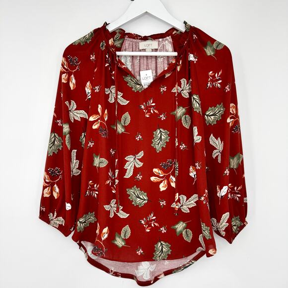 NWT Loft Peasant Blouse Size XS Rust Botanical Print 3/4 Sleeve Autumn Top - Picture 6 of 14